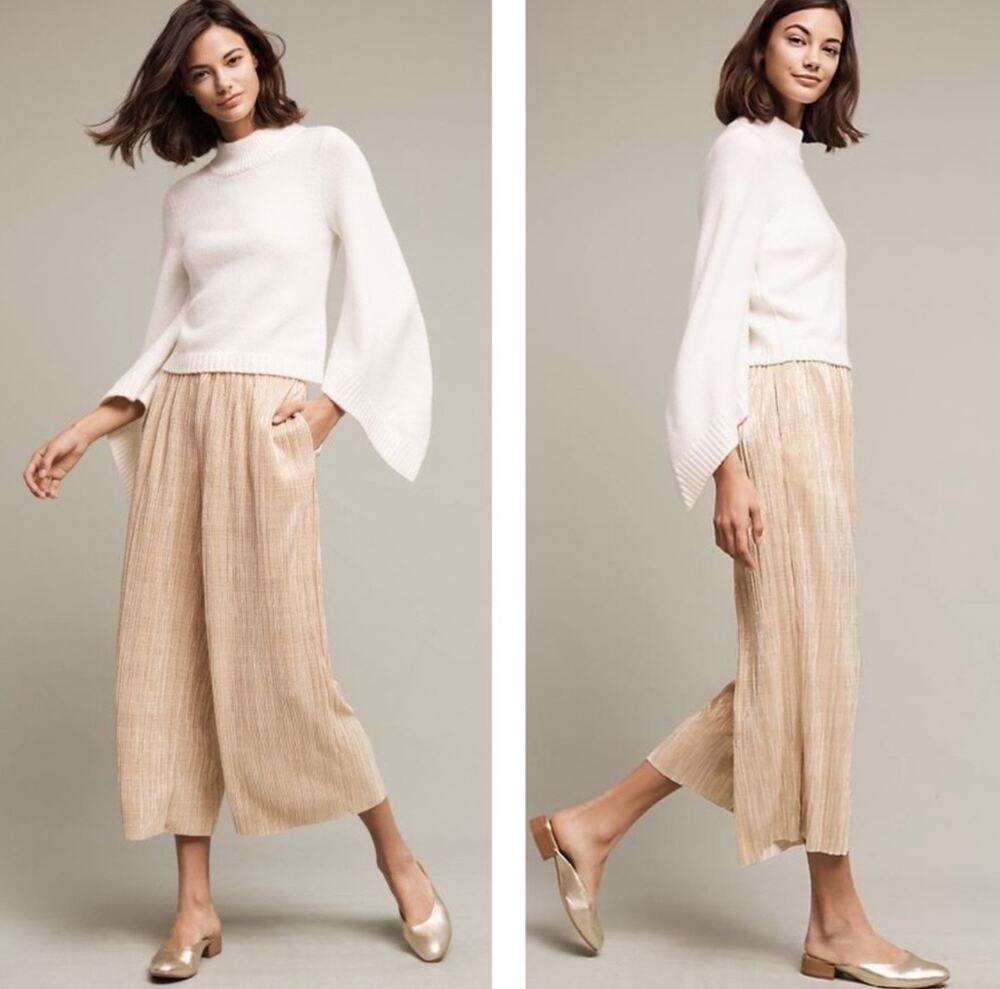 Anthropologie Gilded Culottes Elevenses Women's Pants Palazzo Wide Leg M Gold